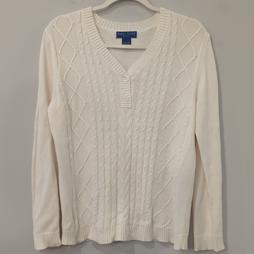 Cableknit Sweater Ivory size Medium Petite 100% Cotton Fisherman‎
